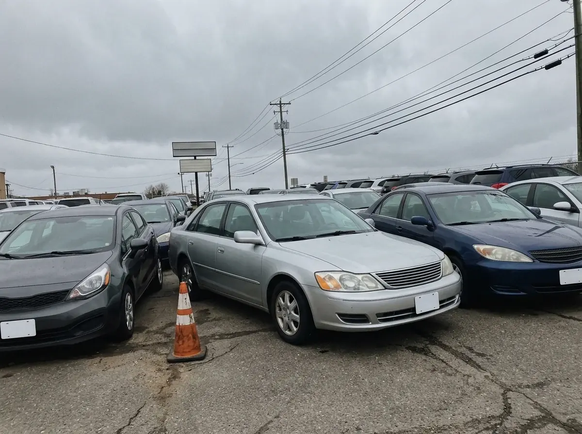 A generated phone photo of an unbadged silver sedan on a crowded used car lot, an orange cone beside it and power lines across a gray sky