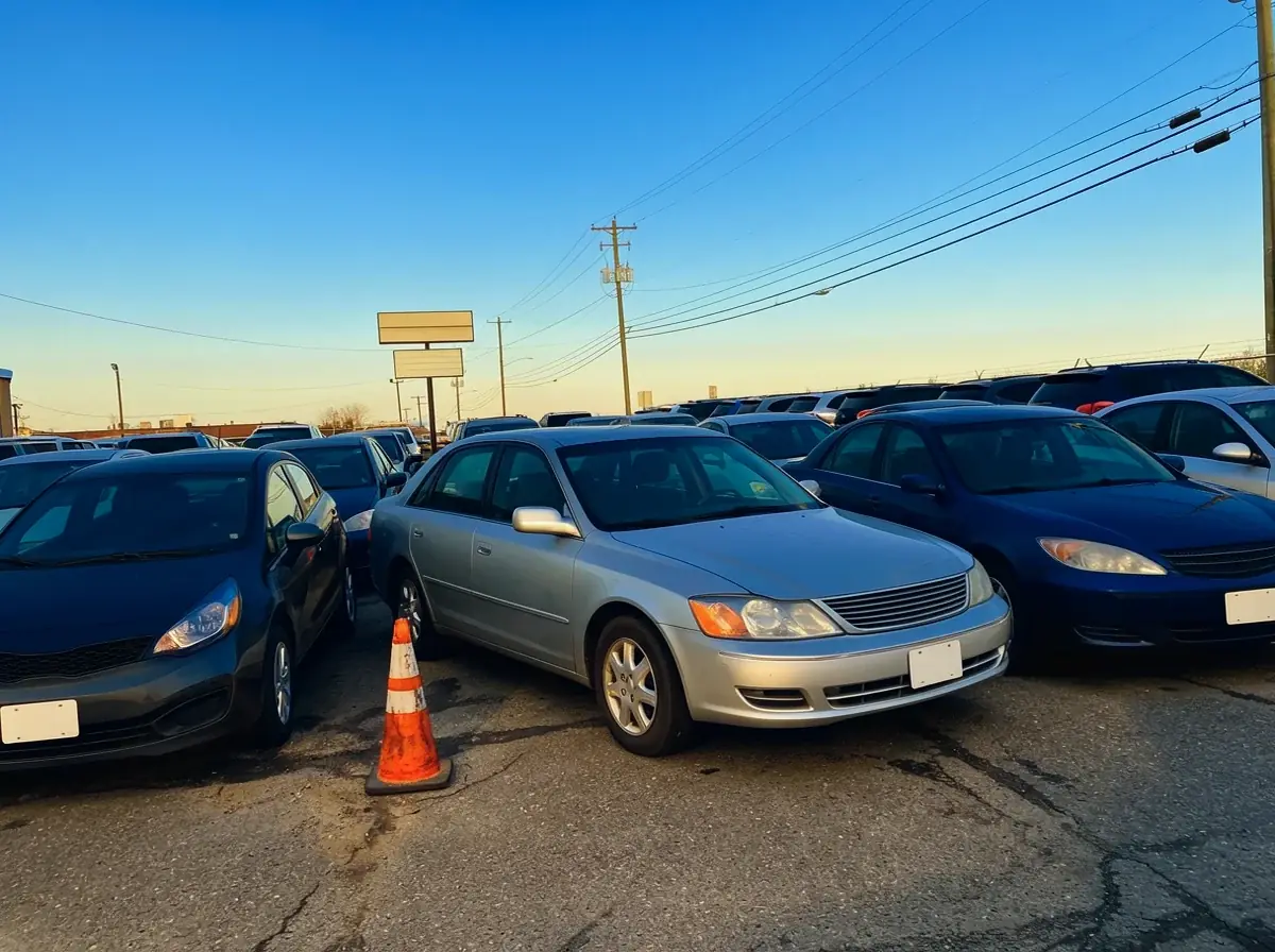 The same lot photo after Ideogram Edit: a clear blue late afternoon sky over the silver sedan and the parked cars