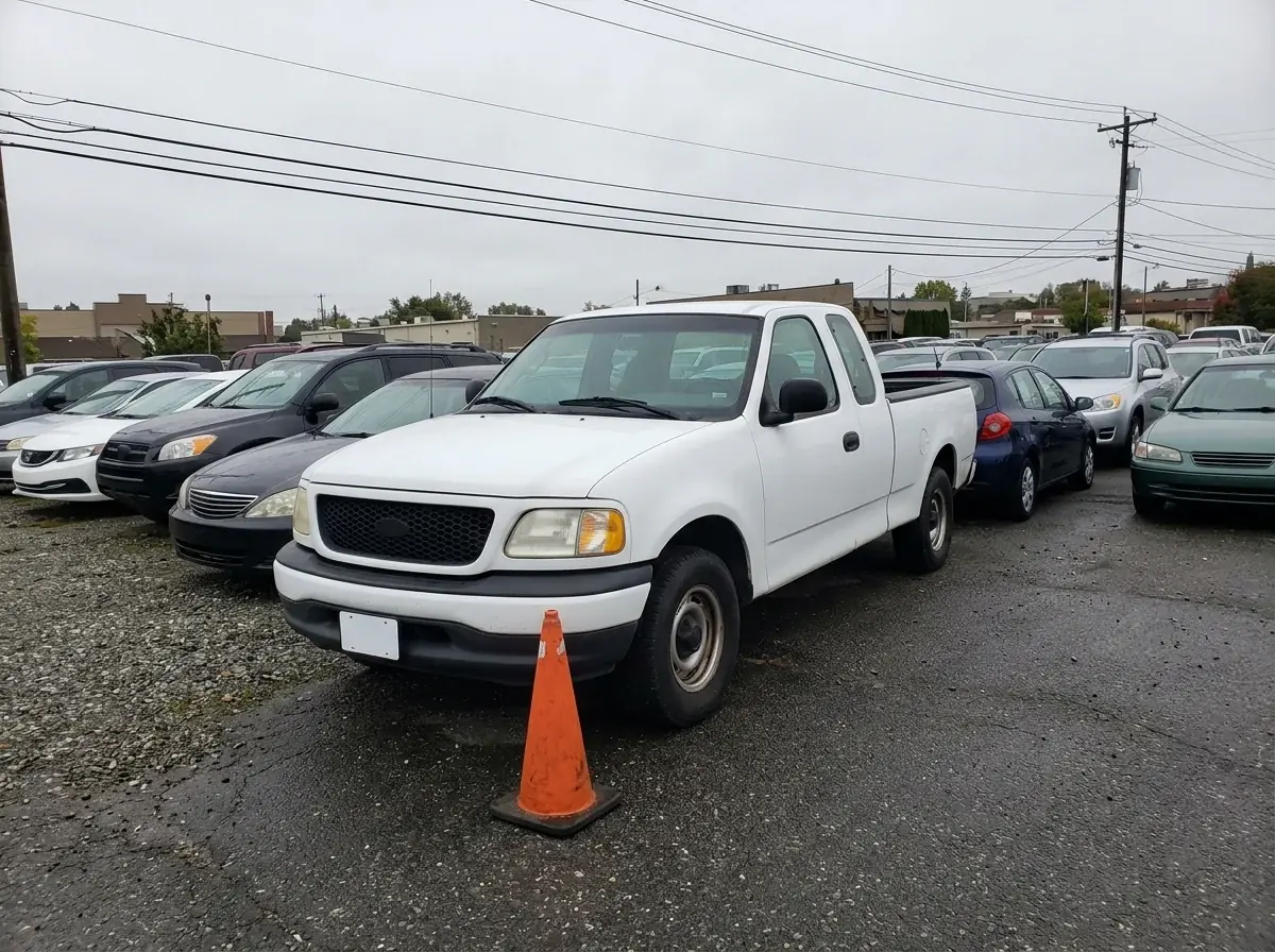 A generated phone photo of an unbadged white pickup truck on a wet used car lot under a gray sky, an orange cone in front of it