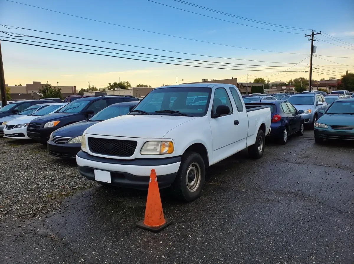 The same pickup truck lot photo after Ideogram Edit, under a clear blue late afternoon sky