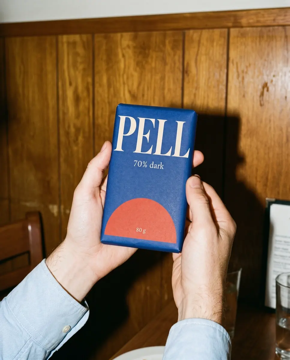 Two hands holding up a Pell bar in its ultramarine wrapper against a wood-panelled restaurant wall, lit by on-camera flash, made by AI from the wrapper file