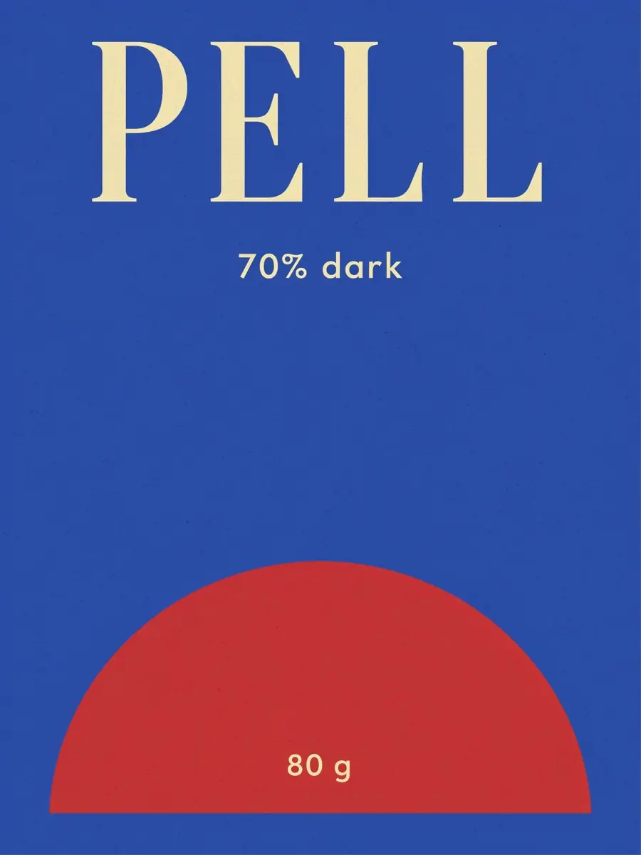 Ideogram 4.5's wrapper from the sketch: PELL in a cream serif on ultramarine, 70% dark and 80 g set in a sans, and a red half circle on the bottom edge