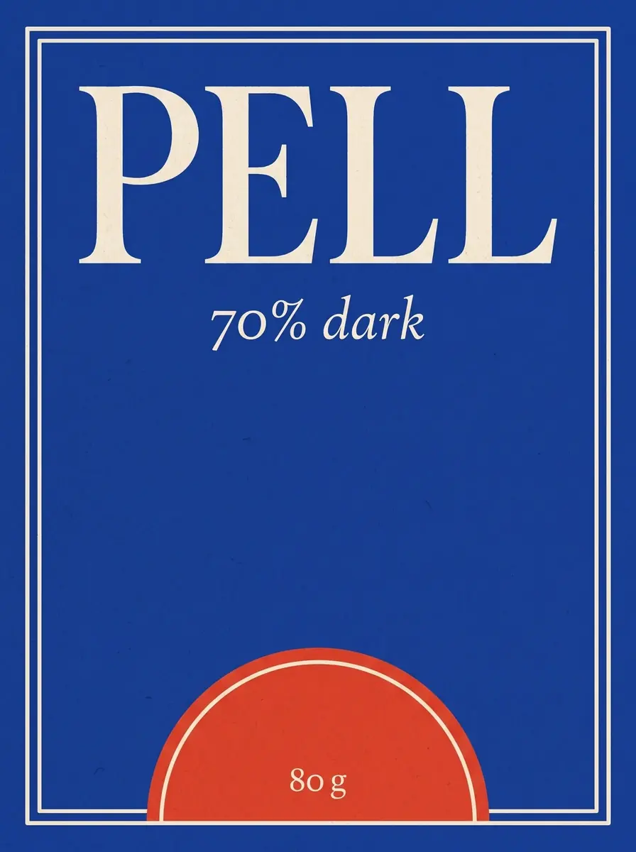 Nano Banana 2.1's wrapper from the sketch: PELL in a cream serif on ultramarine inside a double cream border, and a red half circle holding 80 g