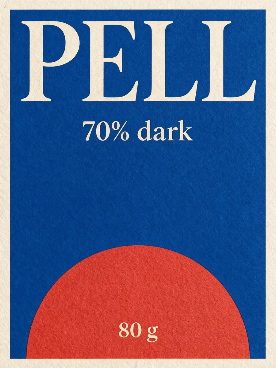 Seedream 5 Pro's wrapper from the sketch: PELL in a cream serif on ultramarine with a cream paper border, and a red half circle holding 80 g