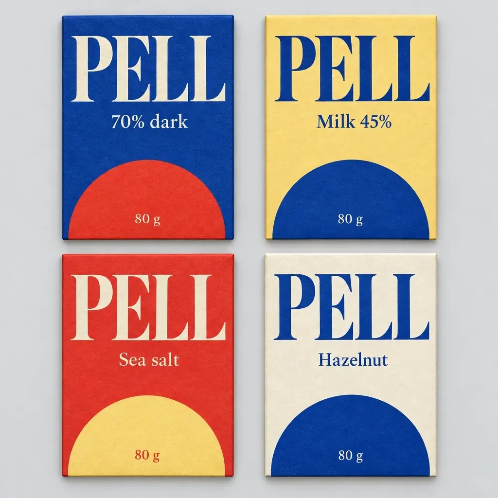 Four Pell wrappers in a two by two grid made by AI from the moodboard: 70% dark on ultramarine, Milk 45% on butter yellow, Sea salt on tomato red and Hazelnut on cream