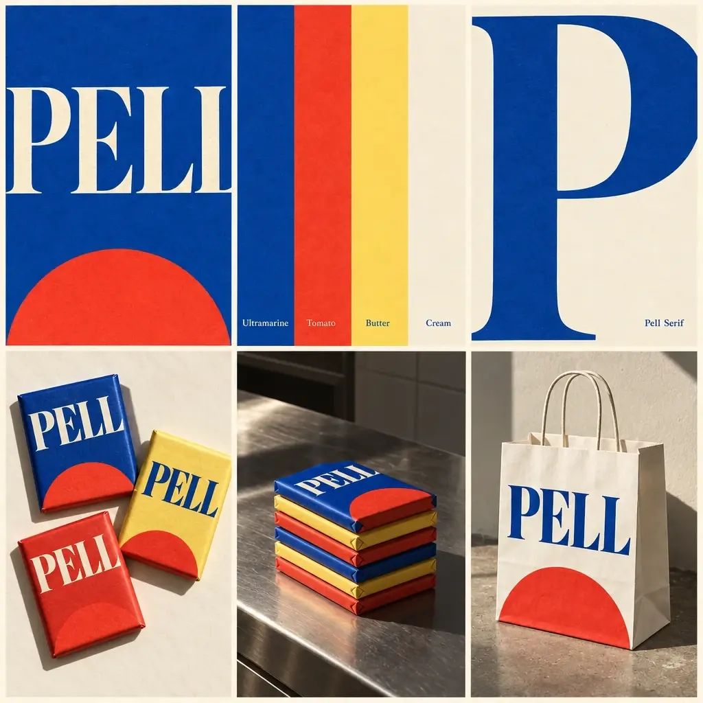 A six-panel Pell presentation board made by AI from the whiteboard layout, a strict grid of full-bleed color fields and photos: PELL in cream on ultramarine cropped by the edge over a red half circle, four vertical color bands named Ultramarine, Tomato, Butter and Cream, a giant cropped serif P marked Pell Serif, three wrapped bars in sun, a stack of bars on steel and a paper shop bag