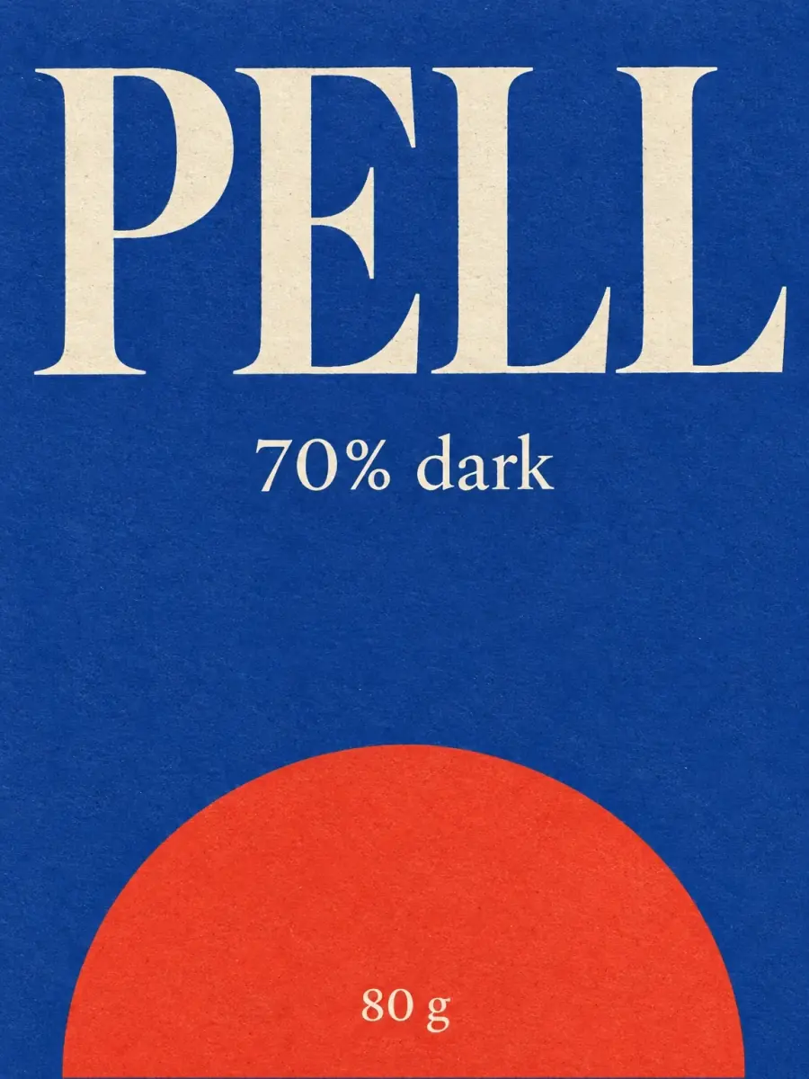 The finished Pell wrapper front made by AI from the sketch: PELL in a tall cream serif across an ultramarine ground, 70% dark under it, and a tomato red half circle on the bottom edge holding 80 g