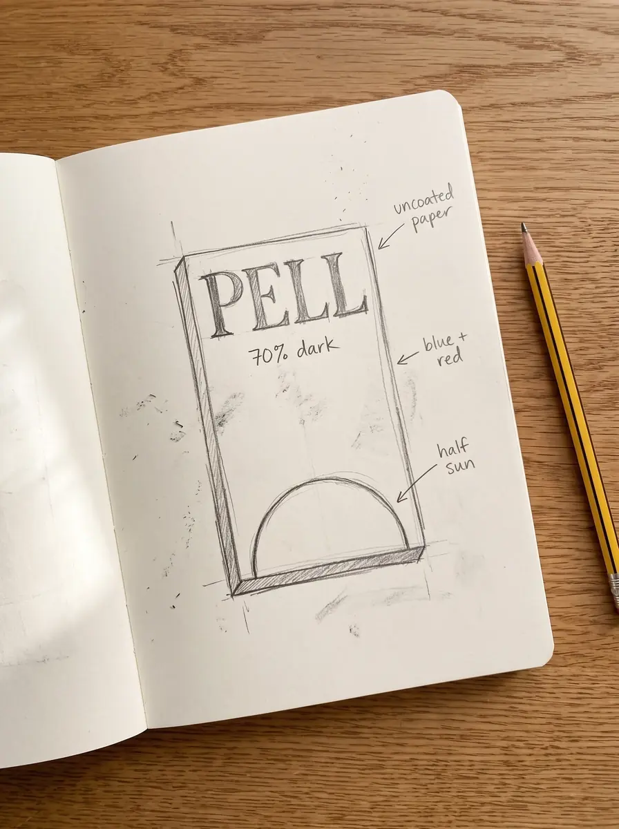 A generated phone photo of a sketchbook on an oak desk: a pencil sketch of a chocolate wrapper with PELL across the top, 70% dark under it and a half circle on the bottom edge, margin notes reading uncoated paper, blue + red and half sun, and a pencil beside it