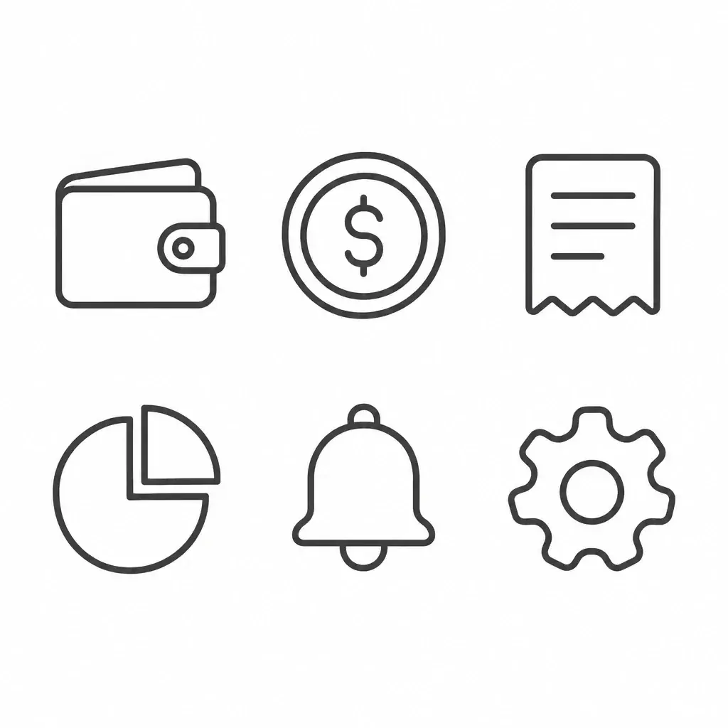 Six dark gray outline icons in two rows on white: a wallet, a dollar coin, a receipt, a pie chart, a bell and a gear