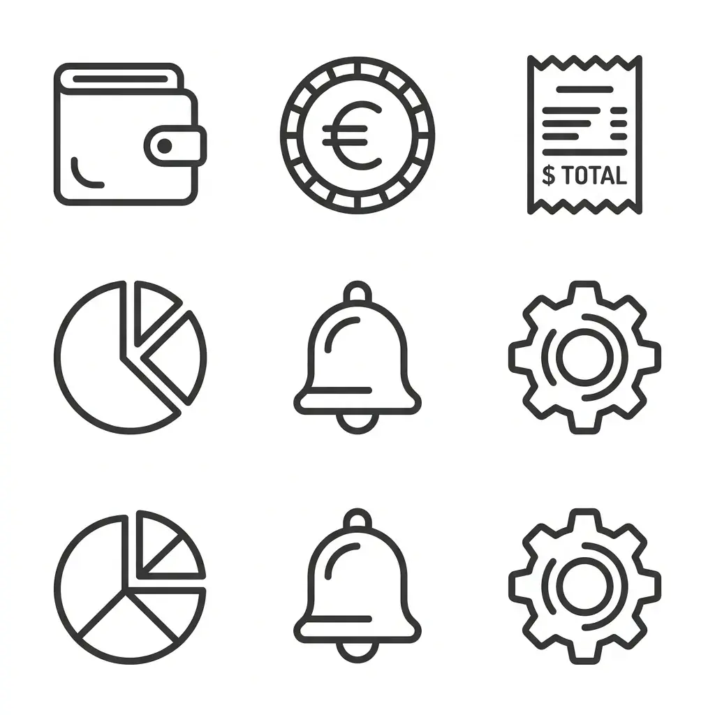 Nine dark gray outline icons in three rows instead of six: a wallet, a euro coin, a receipt reading $ TOTAL, two pie charts, two bells and two gears
