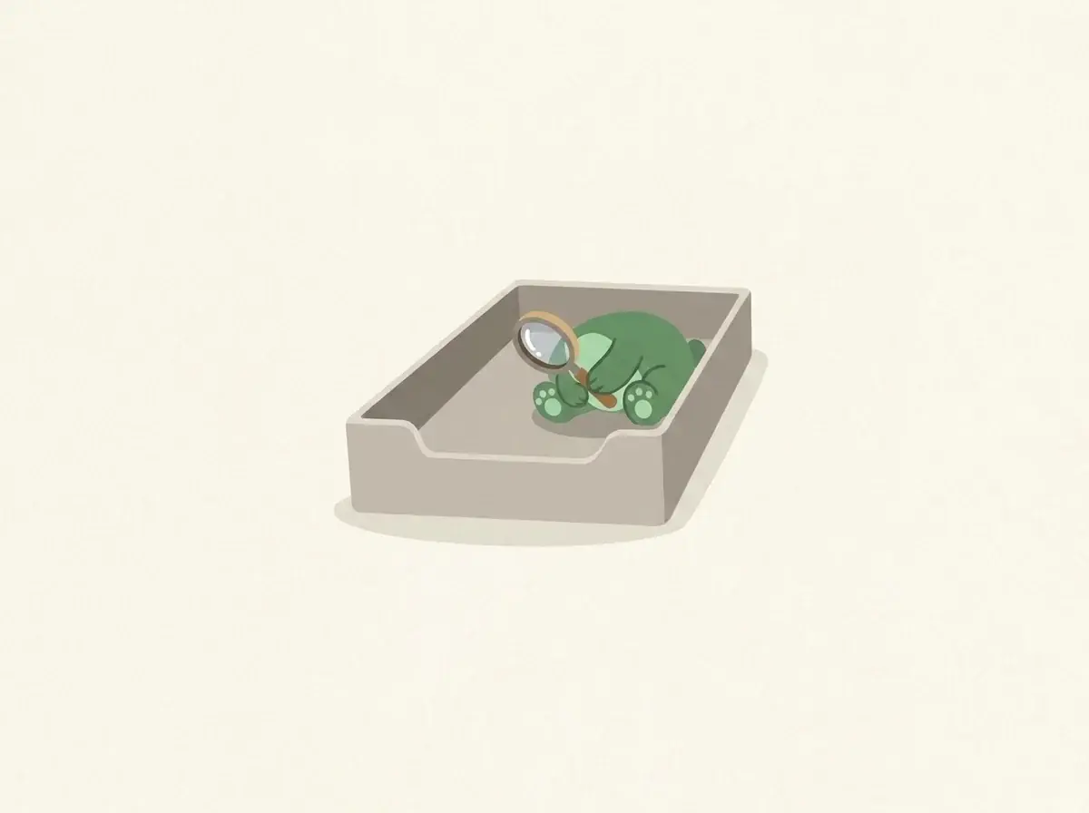 A generated empty-state illustration: the green creature lies in the gray tray peering through a magnifying glass, on off-white