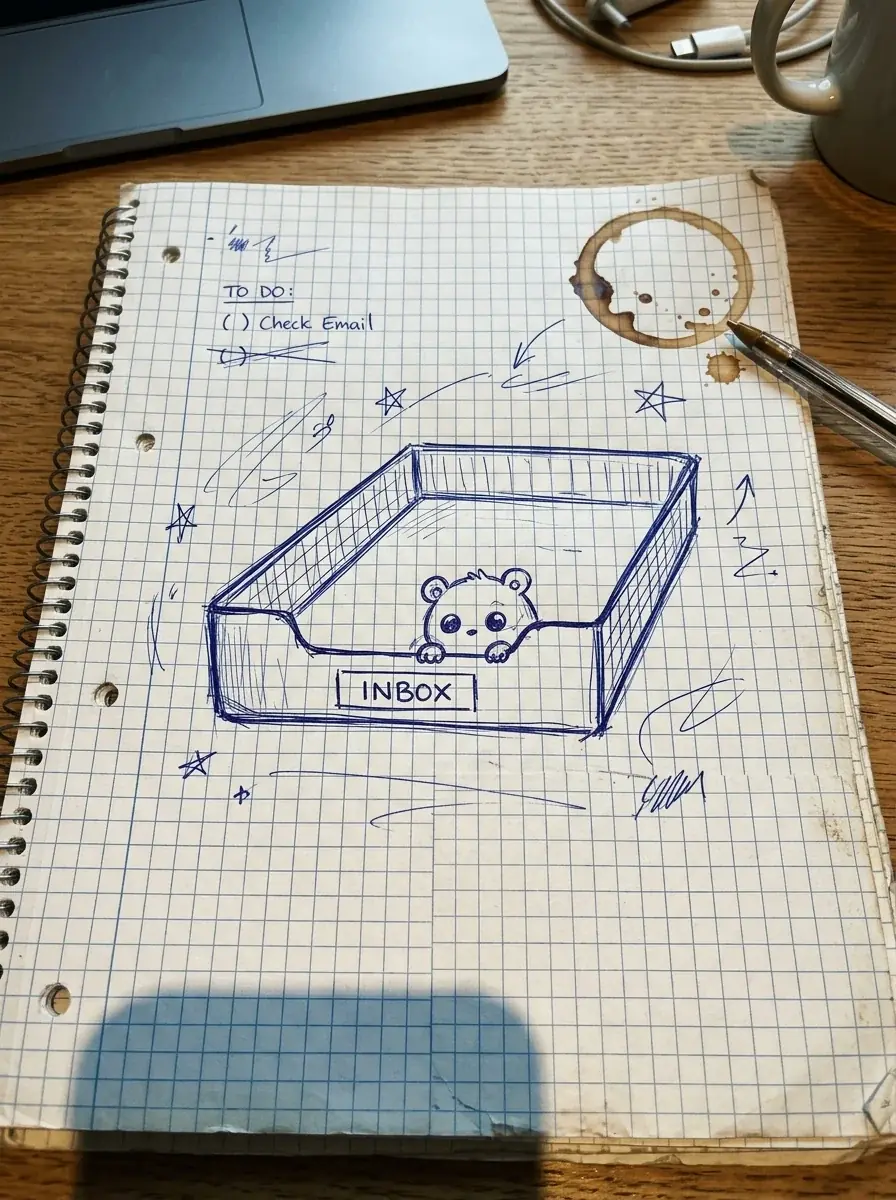 A generated phone photo of squared notebook paper with a blue ballpoint sketch of an inbox tray and a small round bear-like creature peeking over its edge, a coffee ring in one corner