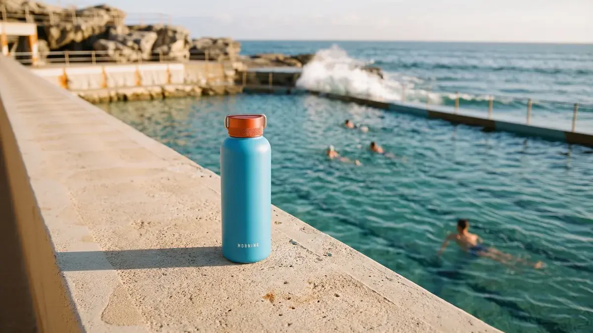 The rock pool shot of the water bottle extended sideways into the length of the pool and the sea, cropped to a 16:9 banner
