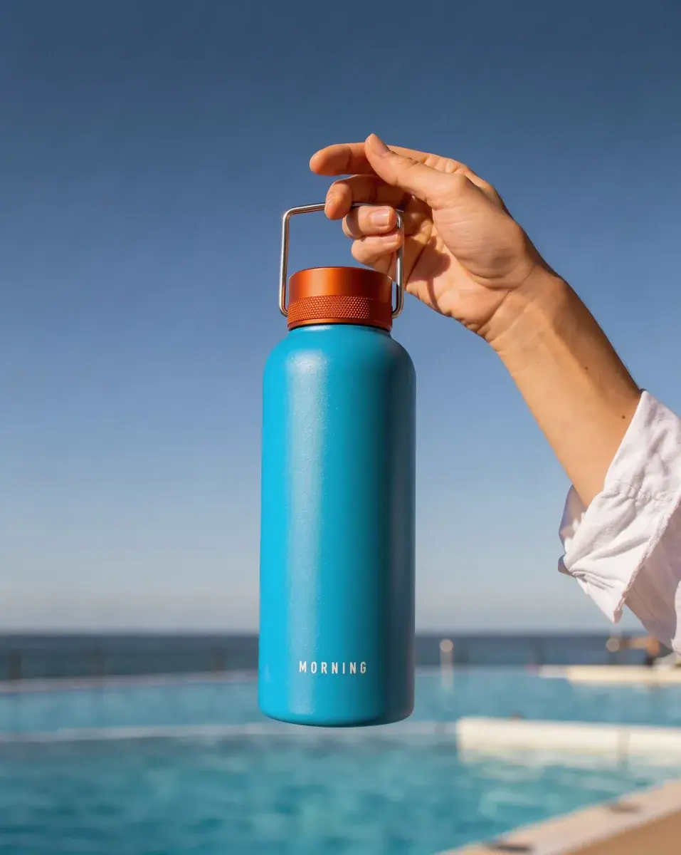 A hand in the rolled cuff of a white linen shirt holds the pool-blue water bottle up by its bail handle against a deep-blue sky, a pool and the sea below