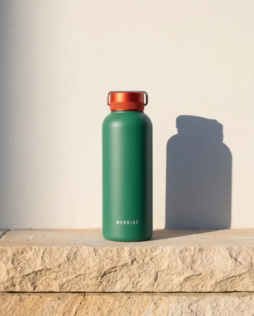The water bottle on the sandstone ledge with its body turned sea green, the orange cap, the wordmark, the wall and the shadow unchanged