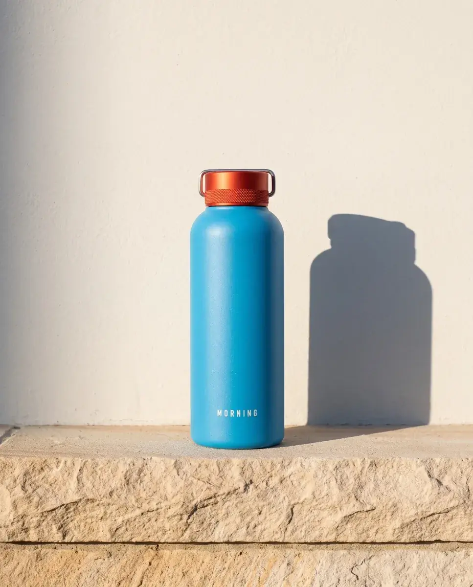 The pool-blue water bottle alone on a sandstone ledge against a chalk-white wall, hard morning sun casting its shadow to the right
