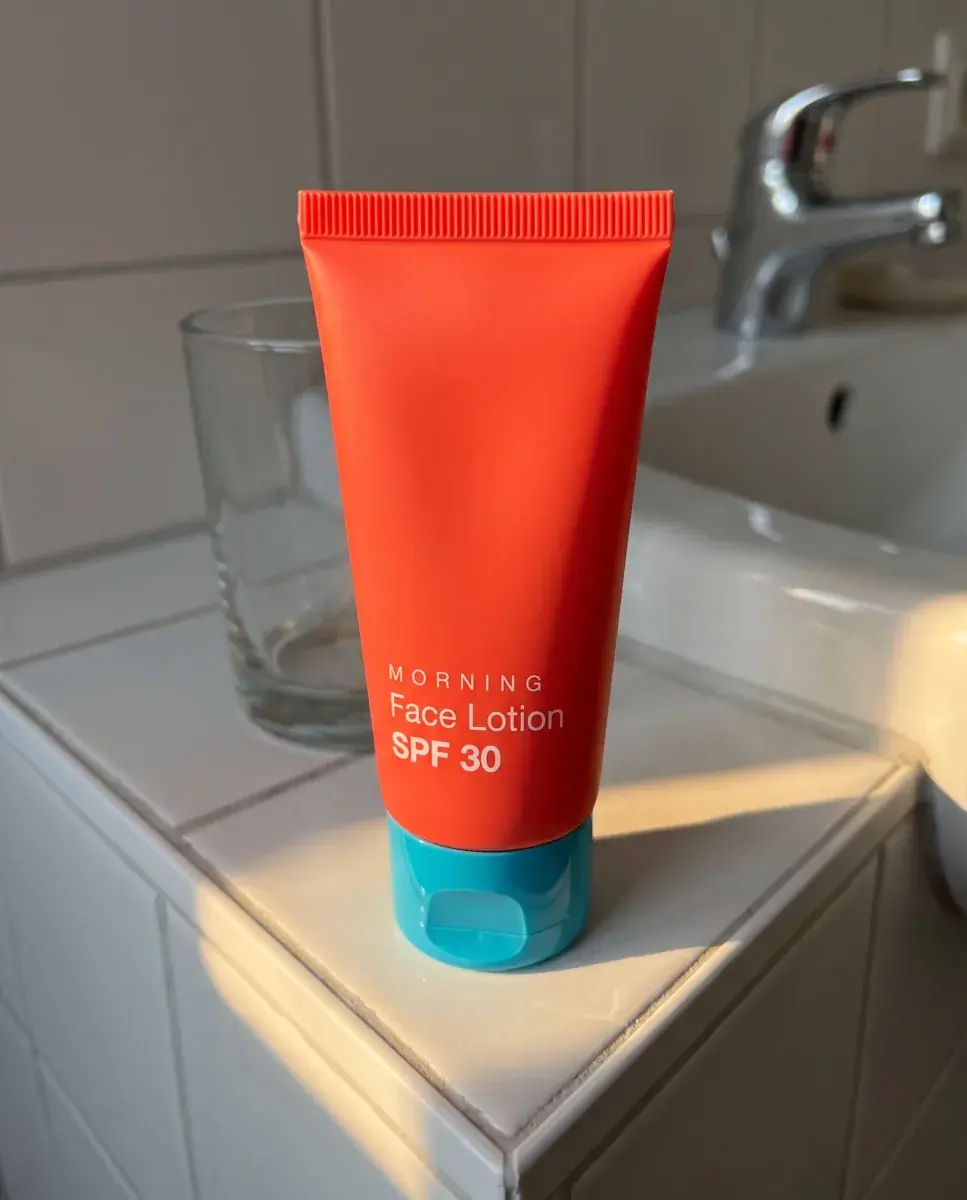 A generated phone photo of an orange Morning Swim Co. Face Lotion SPF 30 tube standing on its blue cap on a tiled bathroom ledge, late sun across the tiles and a glass tumbler behind