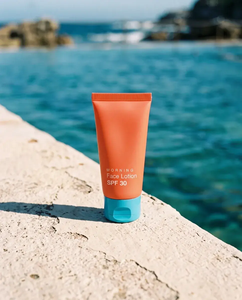 The orange face lotion tube standing on its blue cap on the edge of an ocean rock pool, turquoise water out of focus behind