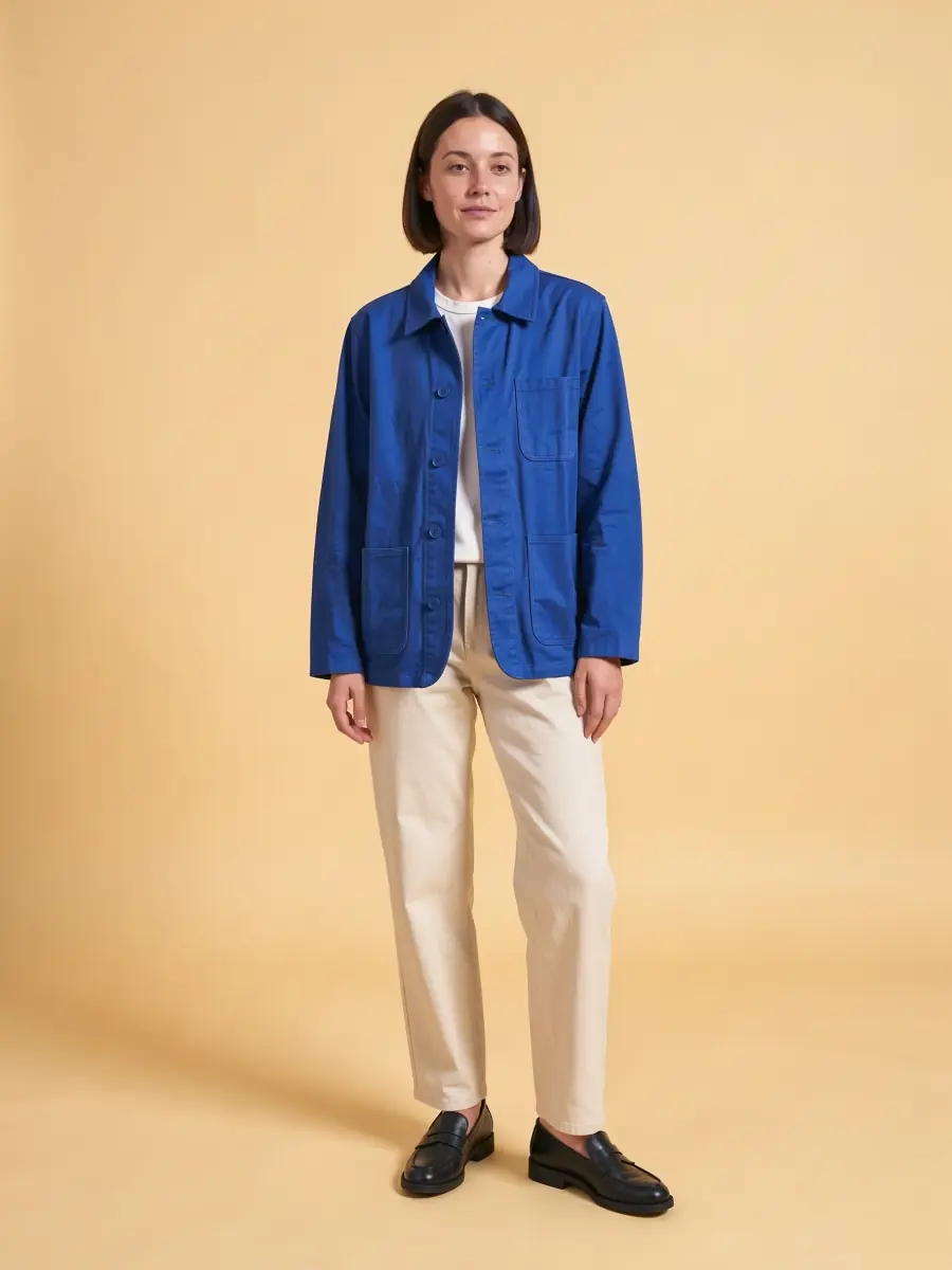 A woman with a dark bob wearing the cobalt chore jacket open over a white T-shirt, with ecru trousers and black loafers, on a warm yellow paper backdrop
