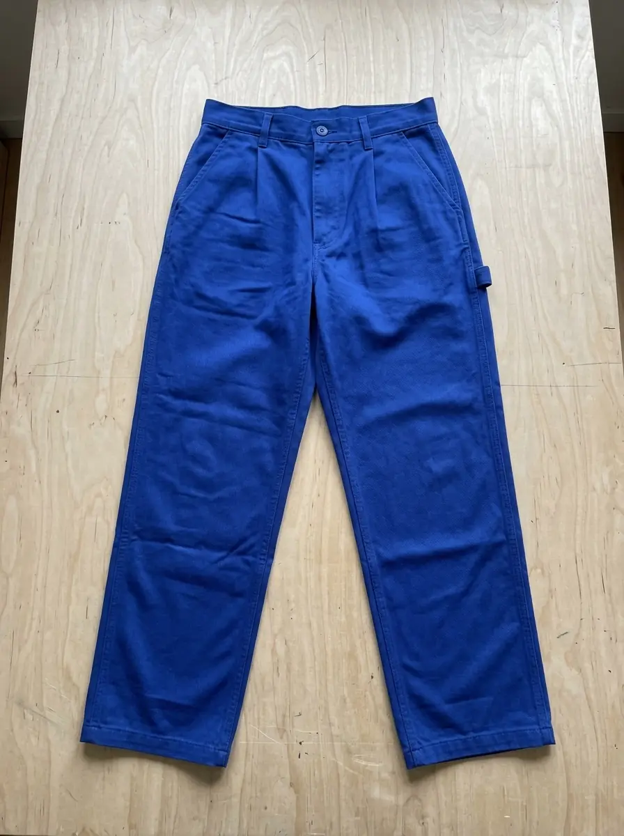 A generated phone photo from above of cobalt wide work trousers laid flat on a birch plywood table, with front pleats, slant pockets and a hammer loop