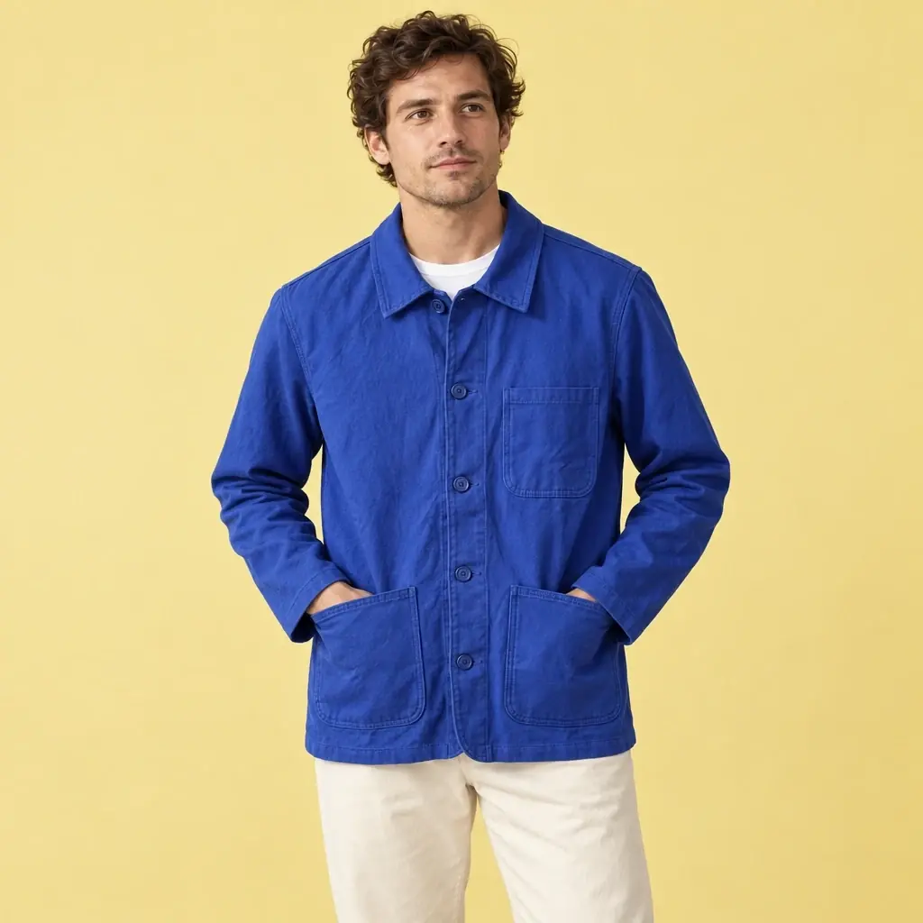 GPT Image 2.5 Sunburst's run: a man in the cobalt chore jacket buttoned over a white T-shirt on a yellow backdrop