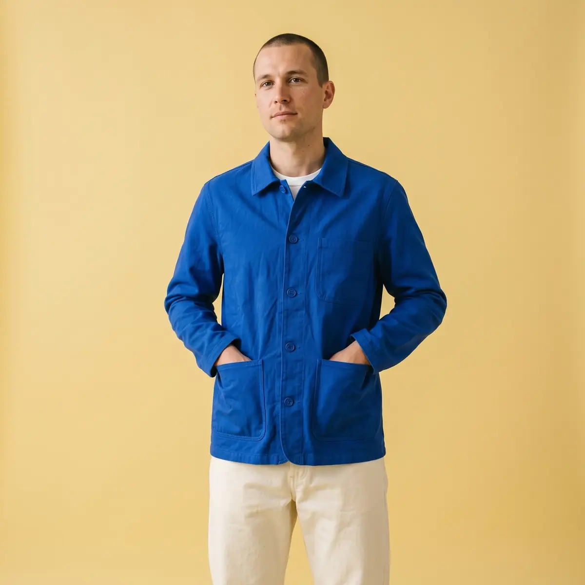 Nano Banana 2.1's run: a man in the cobalt chore jacket buttoned over a white T-shirt, hands in its pockets, on a yellow backdrop
