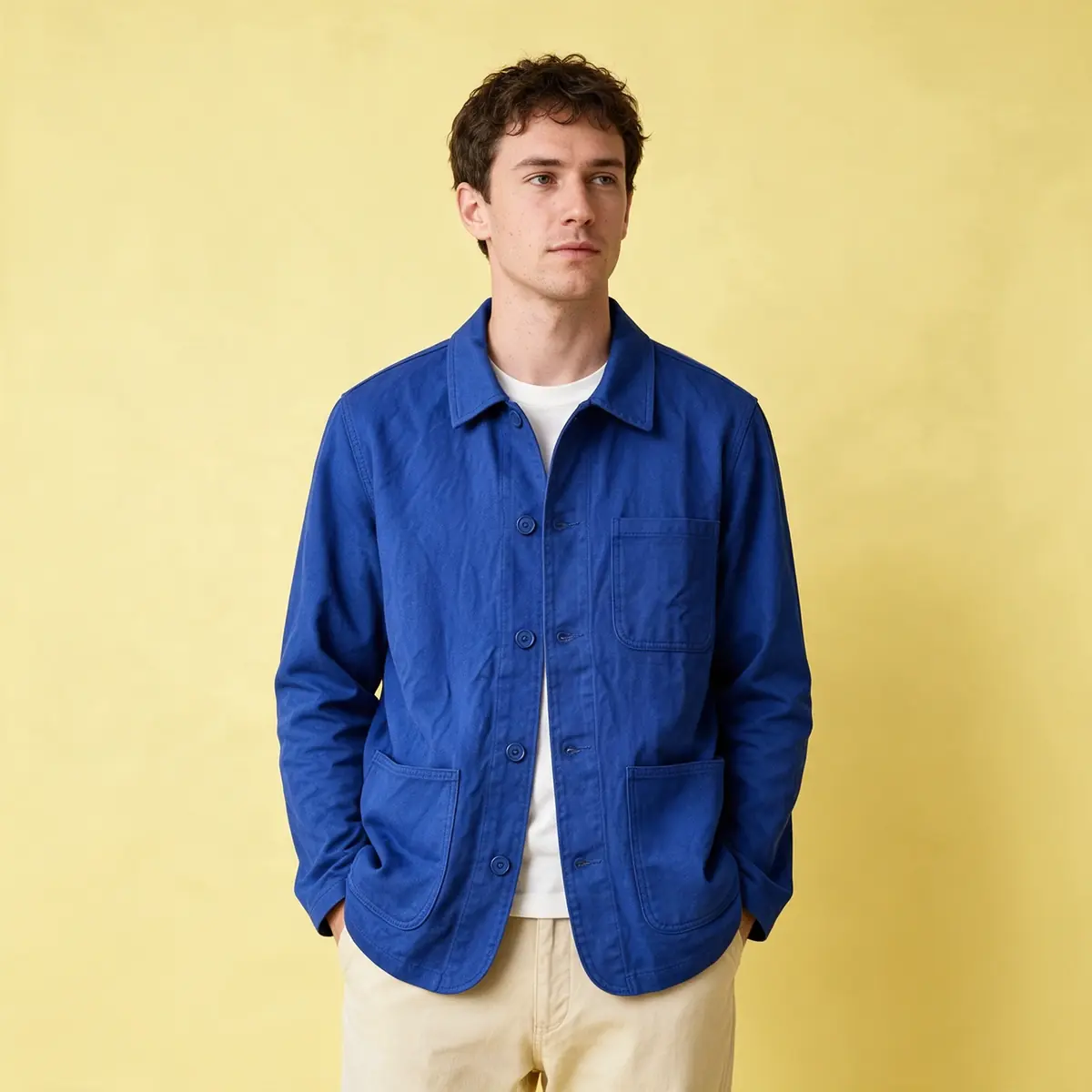 Seedream 5 Pro's run: a man in the cobalt chore jacket worn open over a white T-shirt on a yellow backdrop