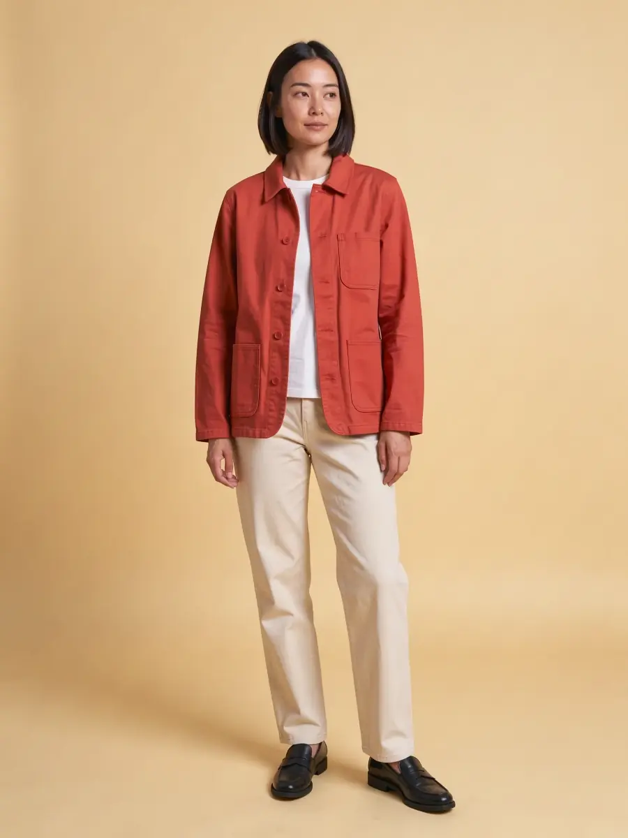 A woman wearing the tomato red chore jacket open over a white T-shirt, with ecru trousers and black loafers, on a warm yellow paper backdrop