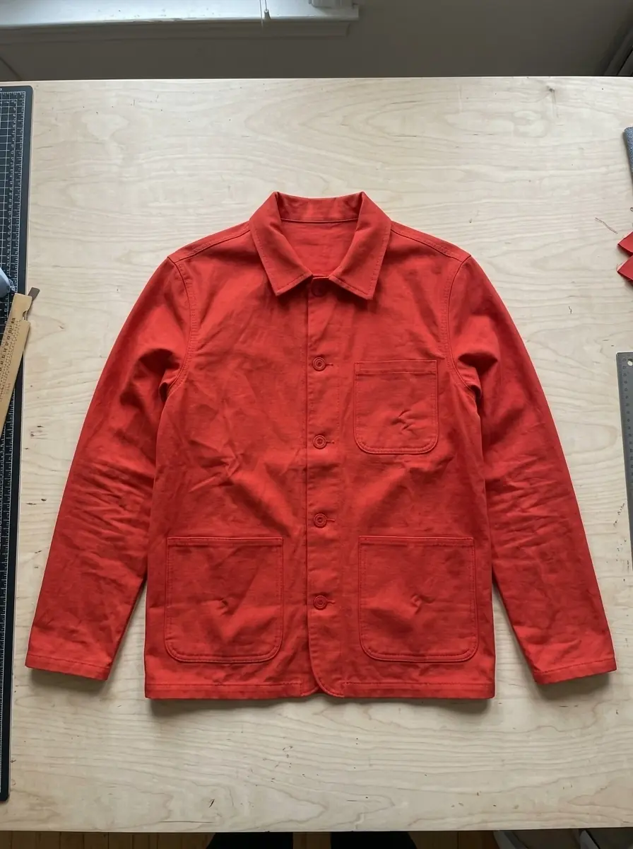 A generated phone photo from above of the same chore jacket in tomato red, laid flat and buttoned on a birch plywood table