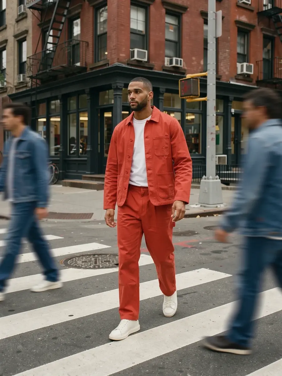 A man in the tomato red jacket and trousers with white sneakers crossing a crosswalk by brick and cast-iron buildings, passers-by in denim blurred around him