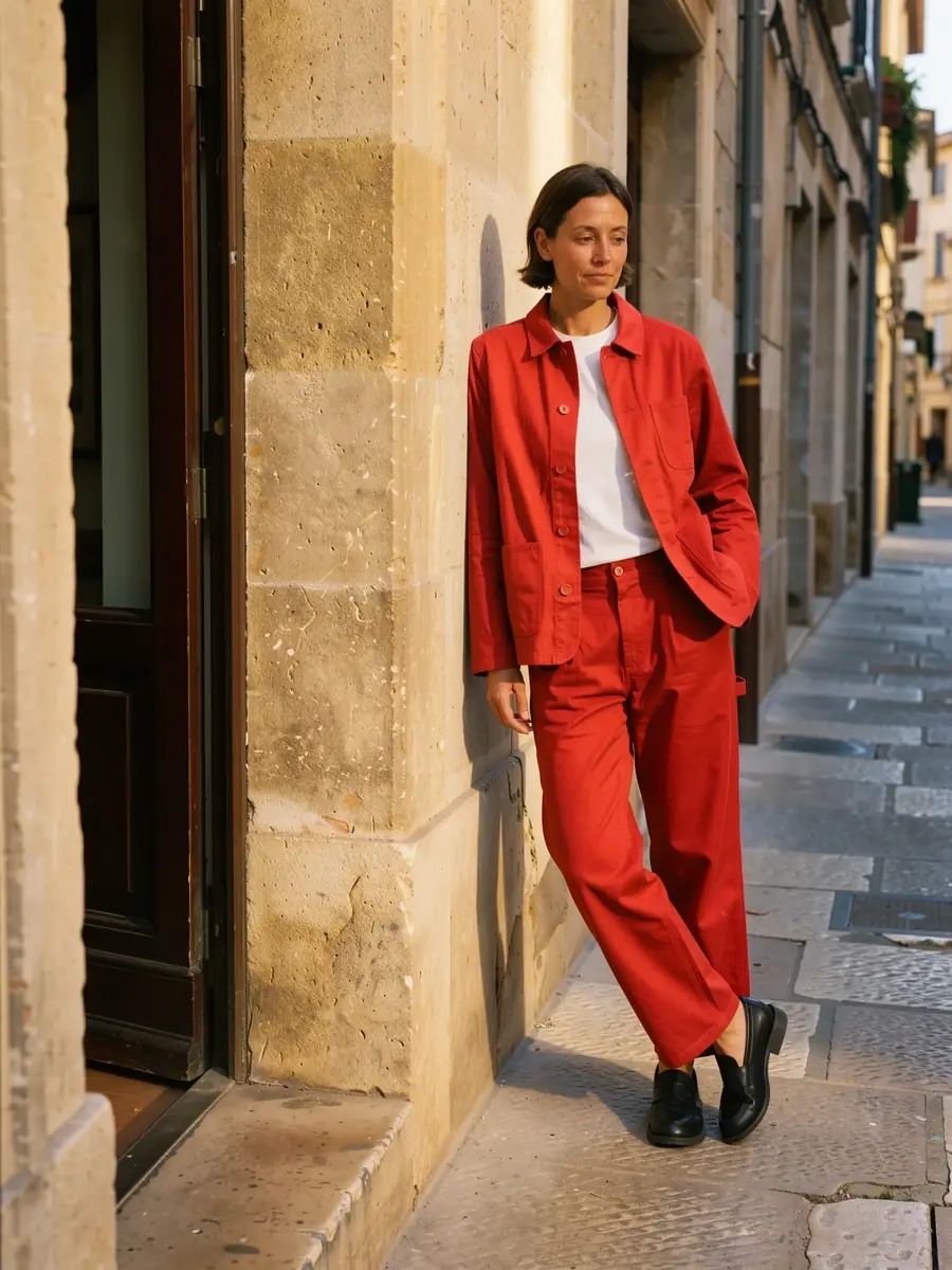 The limestone wall photo with the set changed to tomato red by AI; the woman, her pose, the wall and the light are unchanged