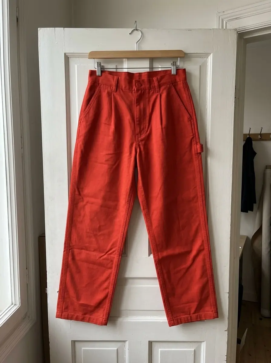 A generated phone photo of tomato red work trousers on a clip hanger hooked over a white studio door, with pleats and a hammer loop