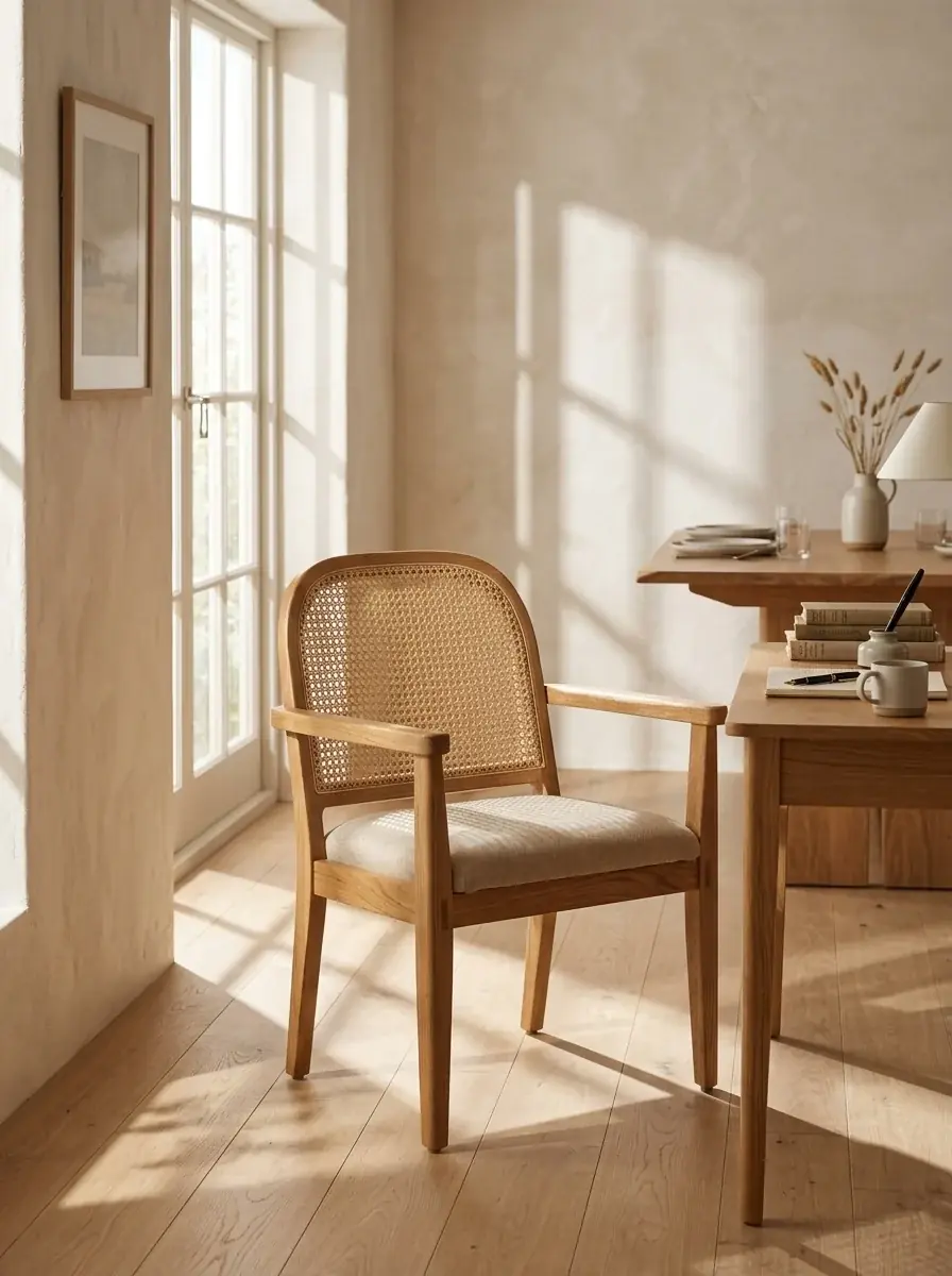 The cane-back oak armchair placed by AI beside a small desk in a sunlit room with plaster walls and window shadows
