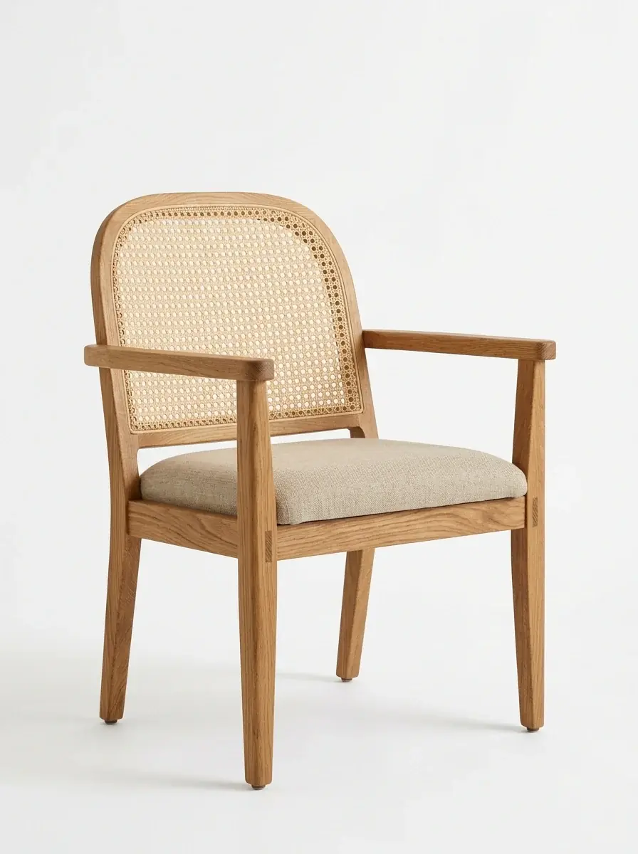 A generated catalog photo of an oak armchair with a woven cane back and an oat cushion on a white background