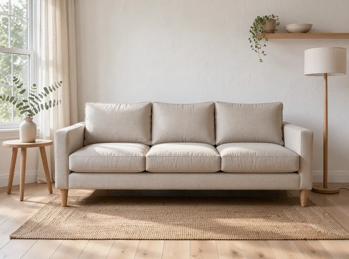 An oat linen sofa straight on against a white wall with a jute rug, a side table and a floor lamp, made on Flux 3 Image