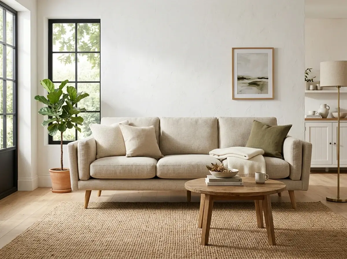 An oat linen sofa with cushions and a throw, a round oak coffee table and a fig tree in a bright white living room, made on Nano Banana 2