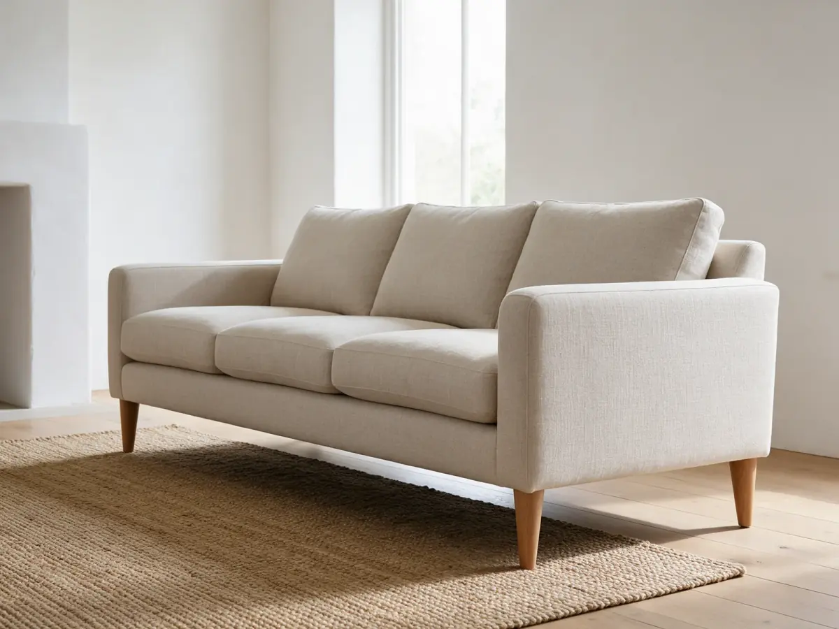 An oat linen sofa on tapered oak legs seen close at an angle on a jute rug in an empty white room, made on Seedream 5 Pro
