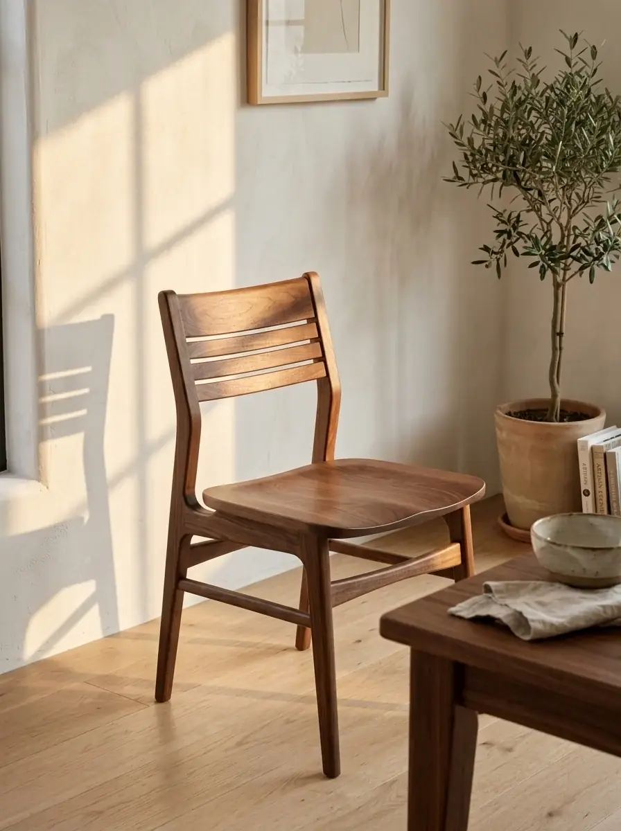 The walnut dining chair placed by AI at a table in a sunlit room beside an olive tree, window shadows on the plaster wall