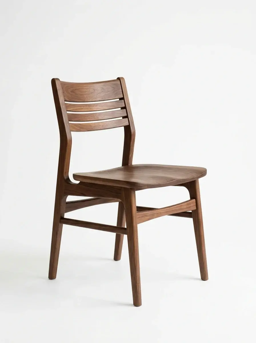 A generated catalog photo of a walnut dining chair with a slatted back on a white background