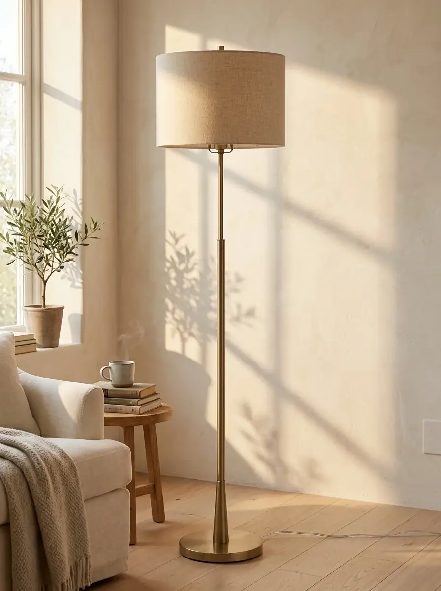 The linen-shade floor lamp placed by AI beside a cream armchair and side table in a sunlit corner