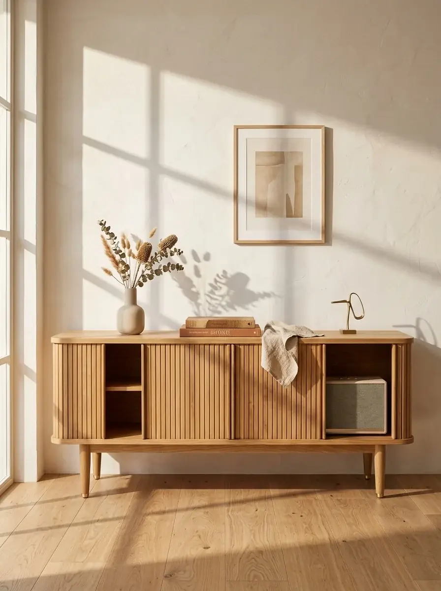 The ribbed oak sideboard placed by AI against a plaster wall in afternoon sun, styled with a vase, books and a framed print