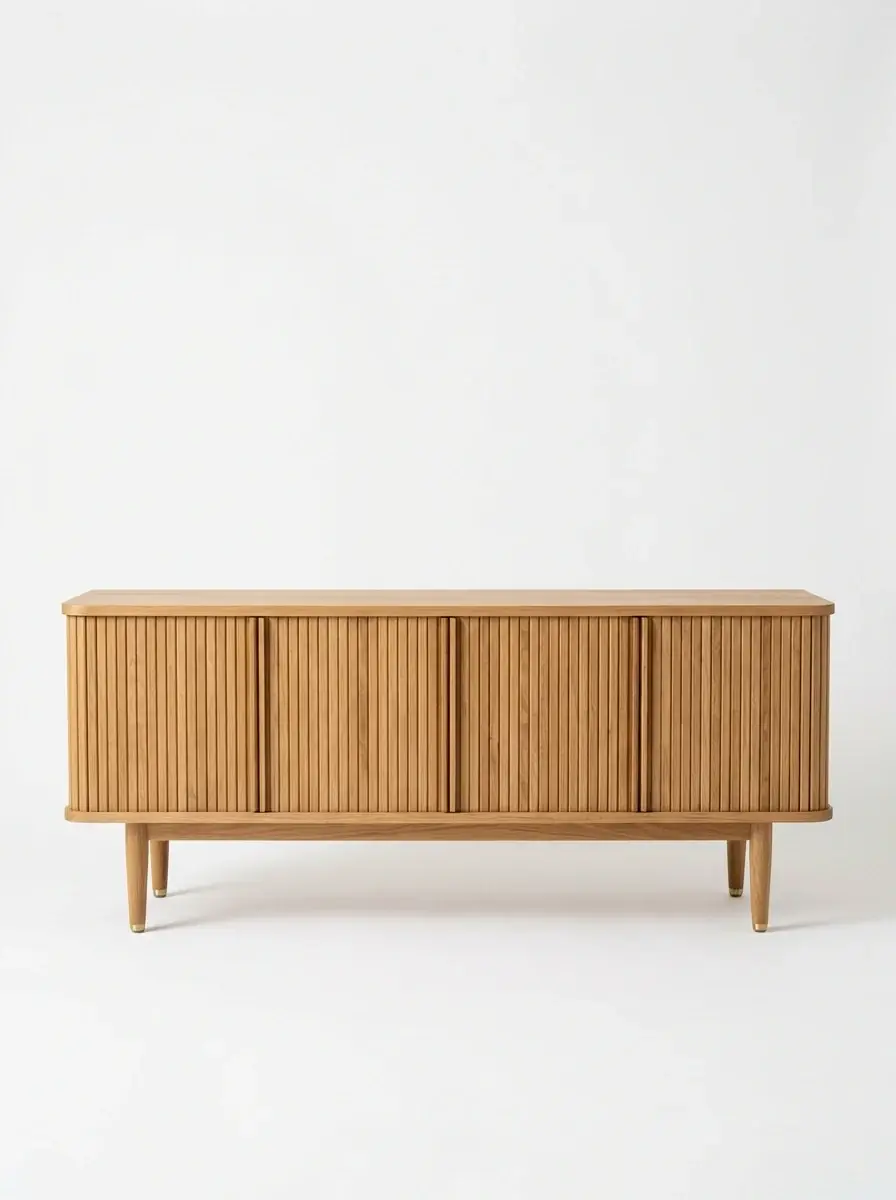 A generated catalog photo of a low oak sideboard with ribbed sliding doors on a white background