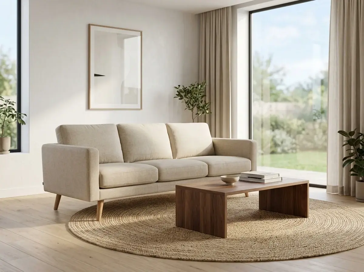The same oat linen sofa placed by AI in a bright living room with white plaster walls, a jute rug, a walnut coffee table and a tall window with linen curtains