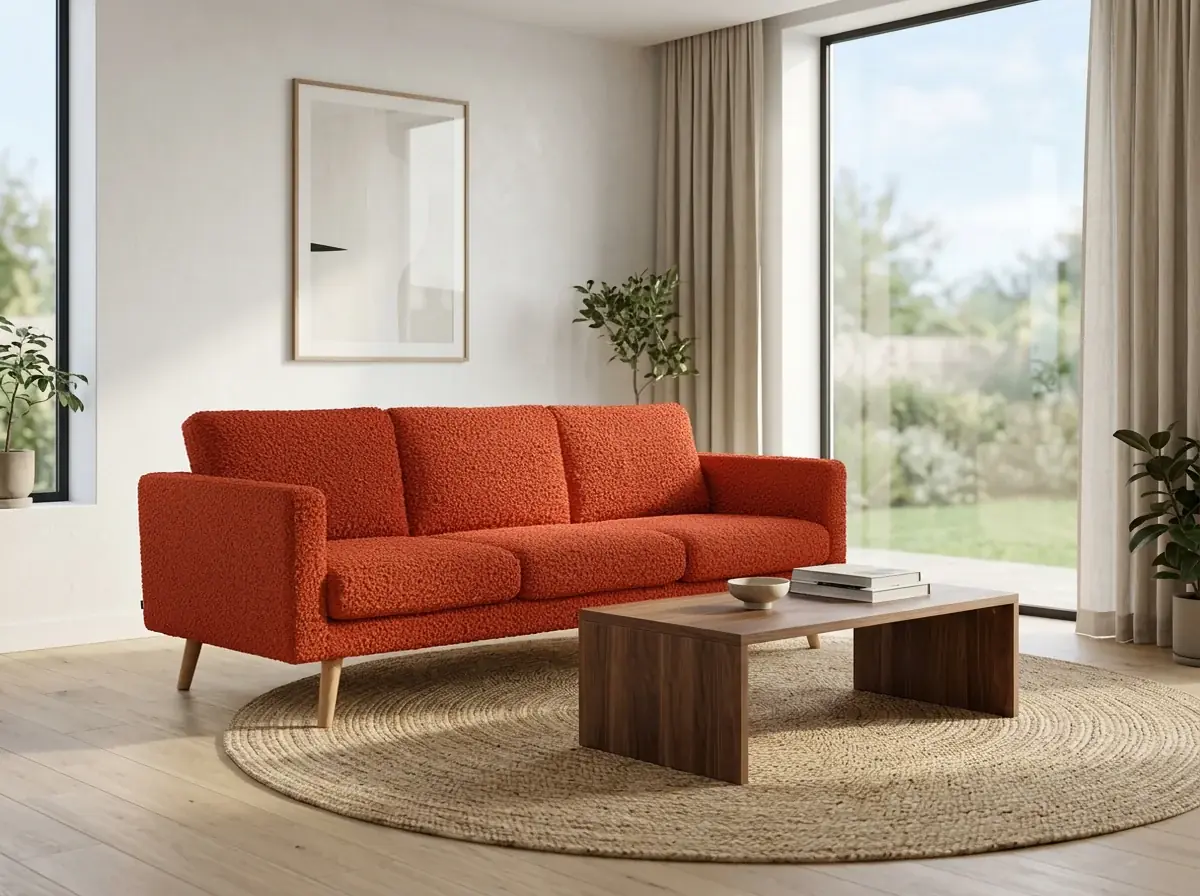 The same living room with only the sofa upholstery changed to rust boucle by Ideogram Edit