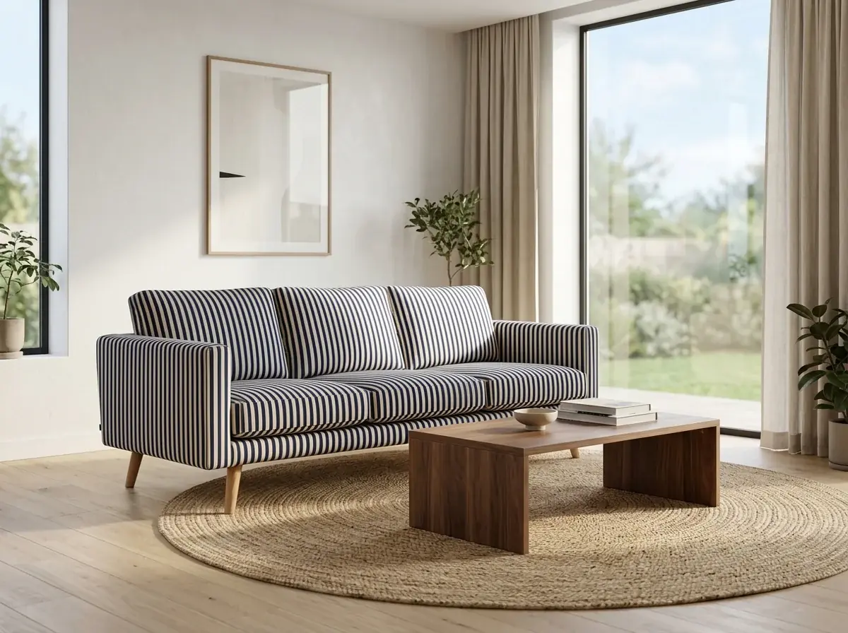 The same living room with only the sofa upholstery changed to a navy and cream ticking stripe by Ideogram Edit, from the swatch photo