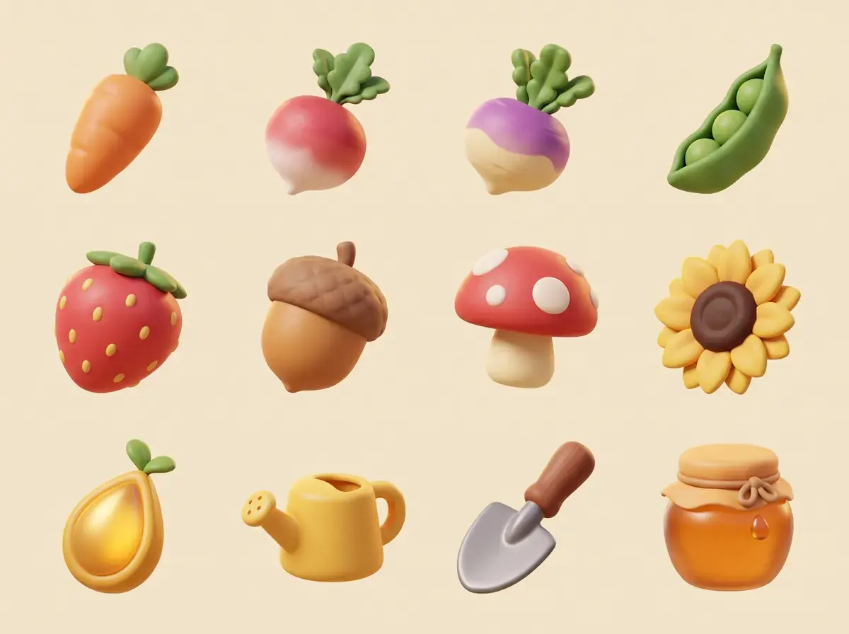 A generated sheet of twelve item icons in a four by three grid on cream, in the mole's soft 3D style: carrot, radish, turnip, pea pod, strawberry, acorn, spotted mushroom, sunflower, golden seed, watering can, trowel and honey jar