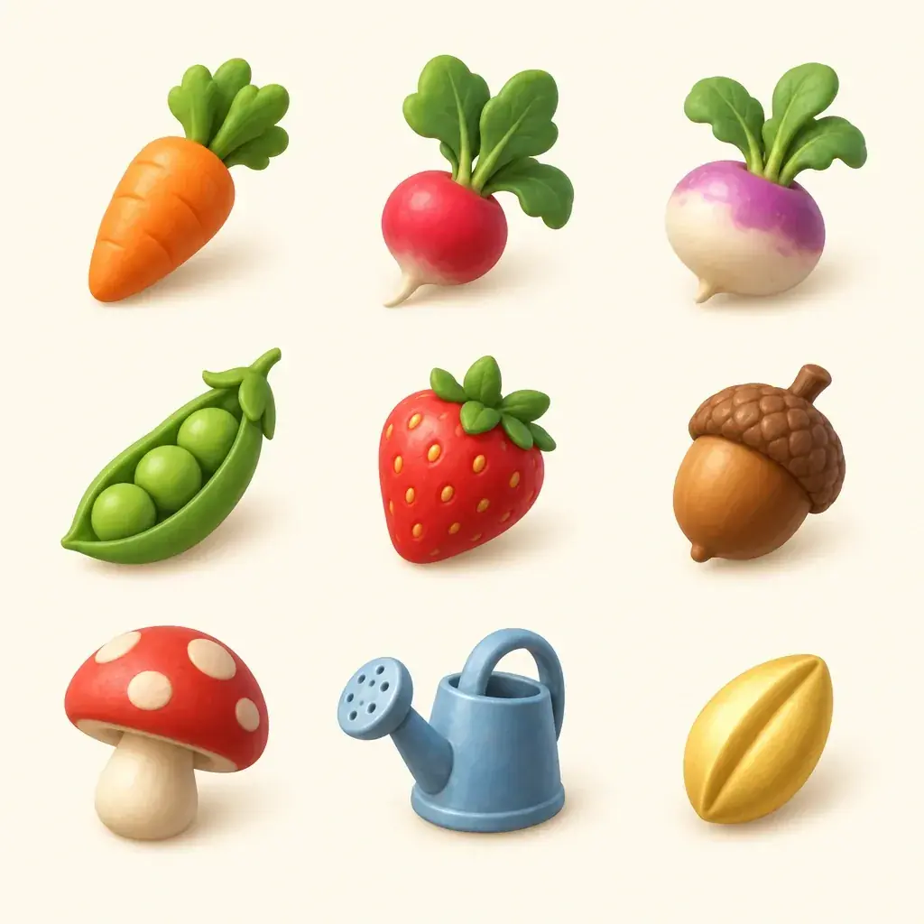 Nine garden item icons in a crisp three by three grid with a clay texture and leafy tops, a blue watering can and a golden seed, made on GPT Image 2.5 Sunburst