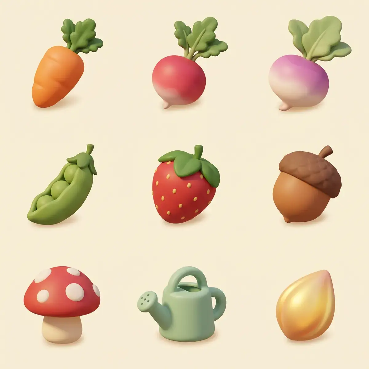 A generated sheet of nine garden item icons in a three by three grid on cream, in matte toy-like 3D: carrot, radish, turnip, pea pod, strawberry, acorn, spotted mushroom, green watering can and golden seed
