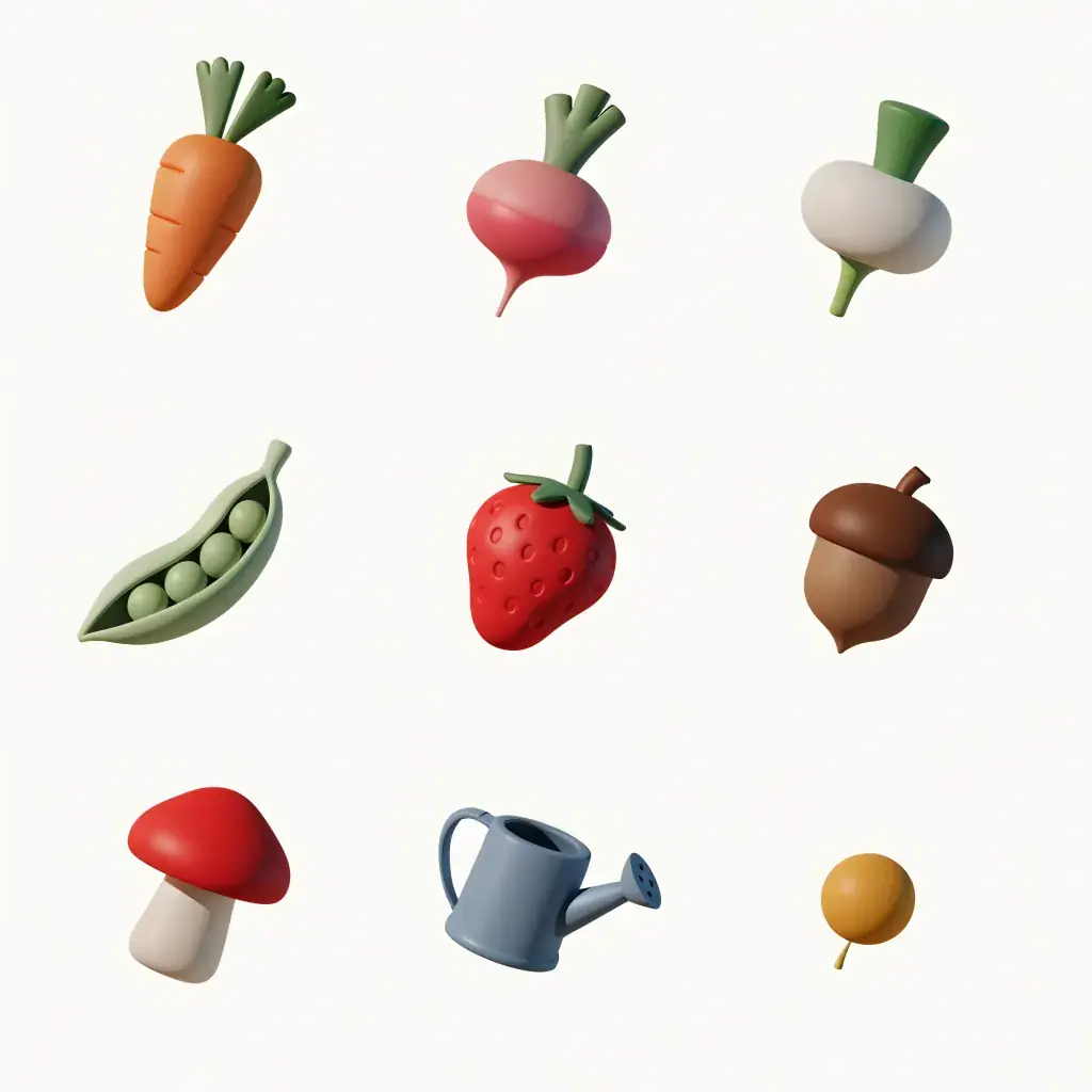 Nine garden item icons in a flatter render and muted colors on near-white, the golden seed a small ball, made on Recraft V4.1