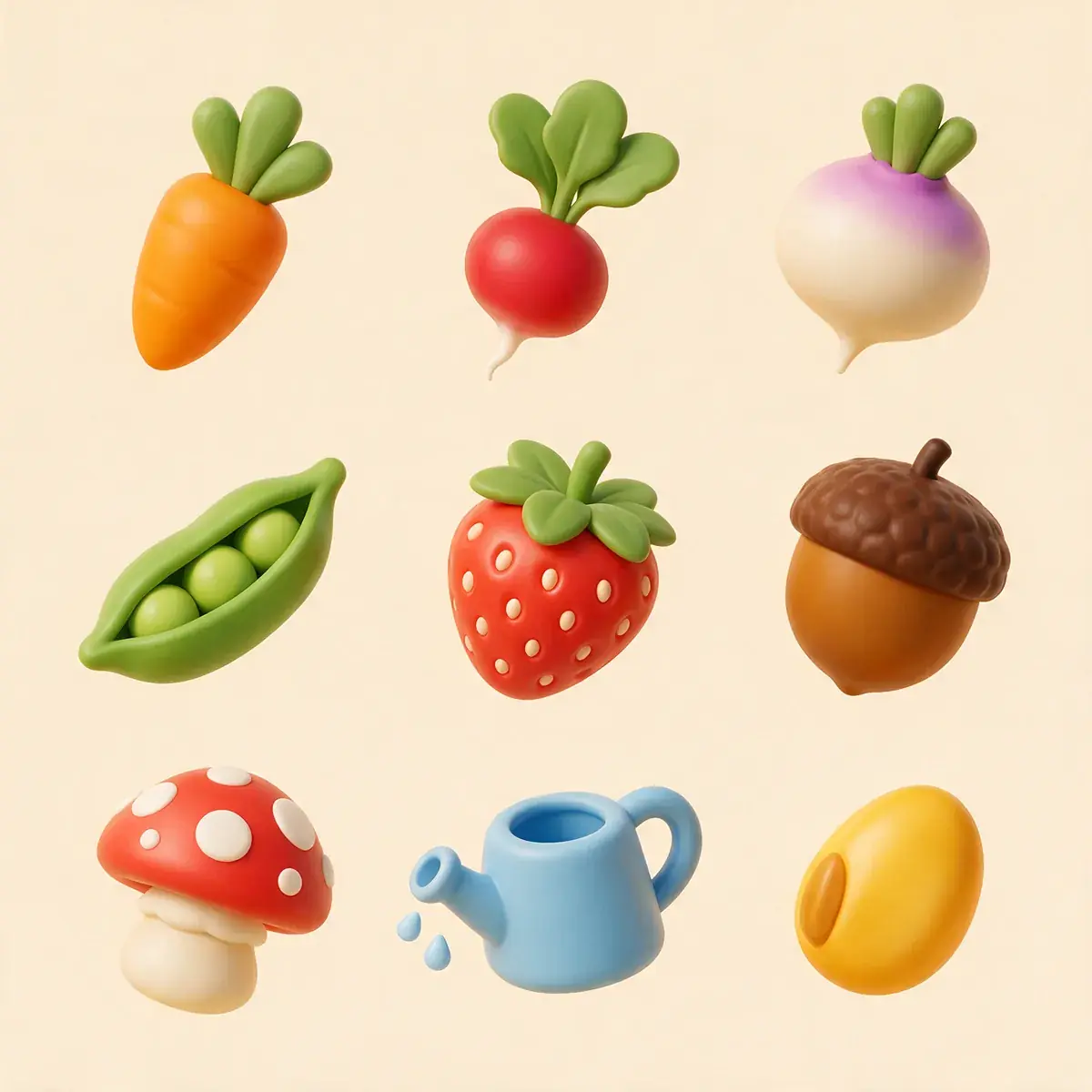 Nine glossy garden item icons in a three by three grid, a light blue watering can dripping water and a yellow seed, made on Seedream 5 Pro